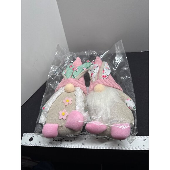 Easter Bunny Gnome Couple Decor Set With Knit Hats & Flower Accents - Picture 2 of 4